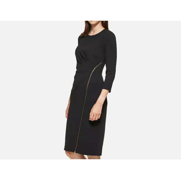 CALVIN KLEIN ASSYMETRICAL ZIPPER 3/4 SLEEVE SHEATH DRESS, BLACK , SIZE 14 - Picture 3 of 9